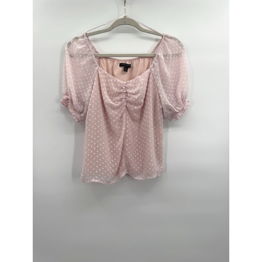 Banana Republic Y2K Babydoll Top XS Pink Puff Sleeve Swiss Dot Milkmaid Coquette